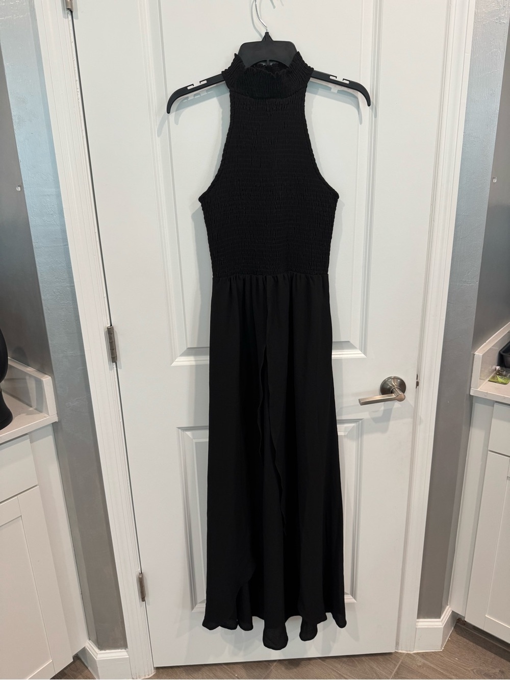 Sleeveless Smocked Halter Maxi Dress in Black